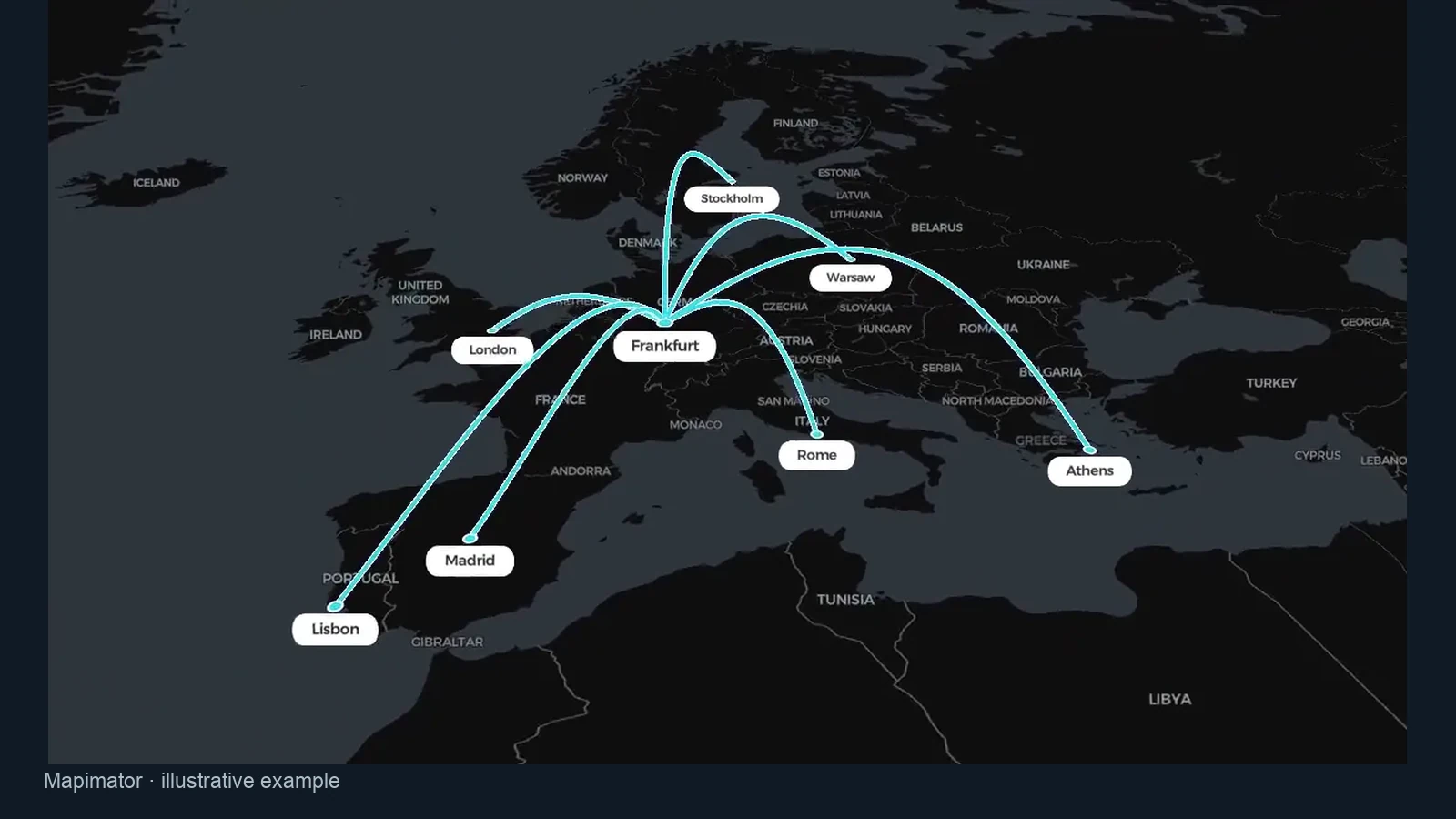 European map showing a hub and connected city routes