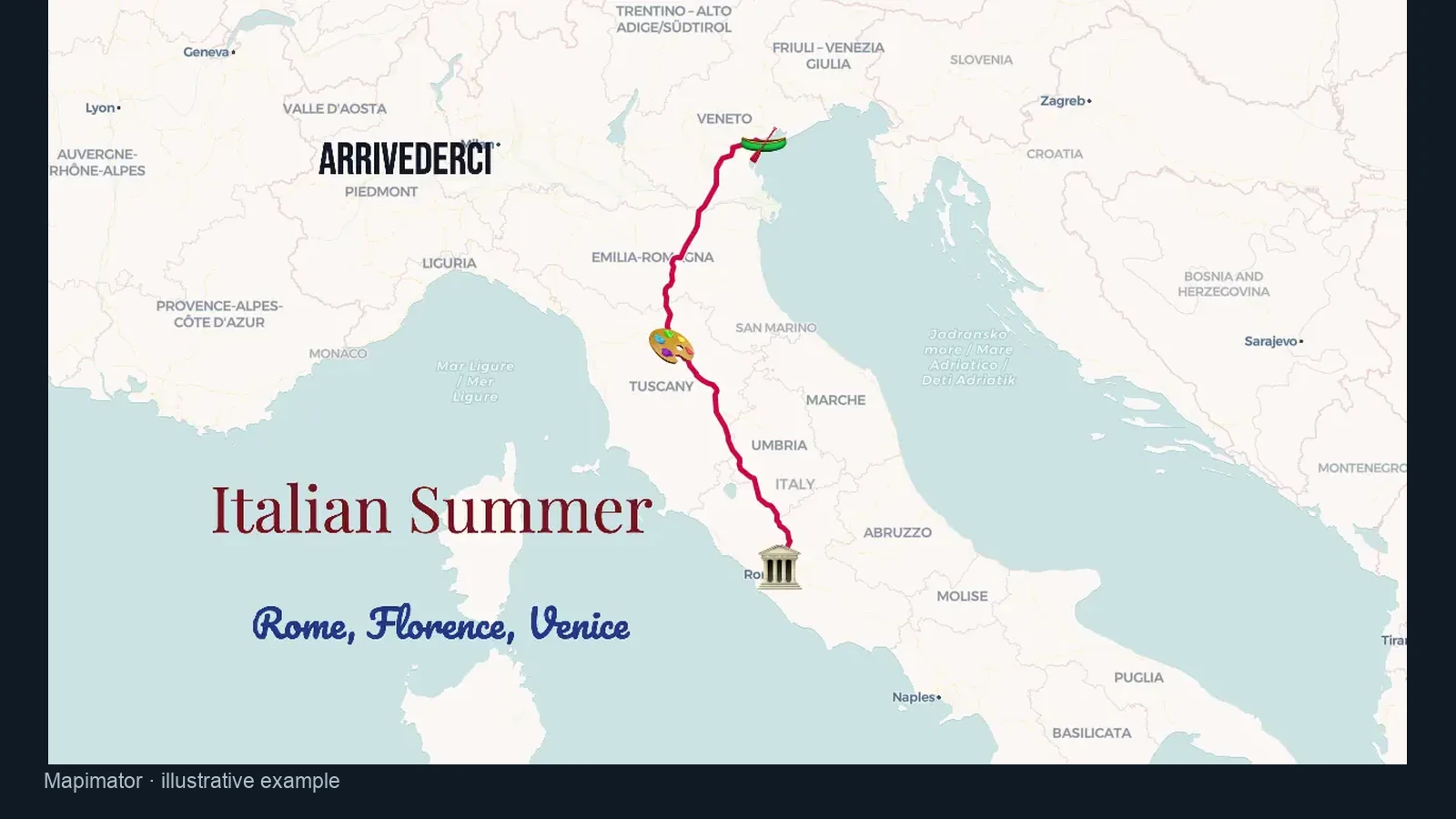 Italian journey with a route, place labels and a title