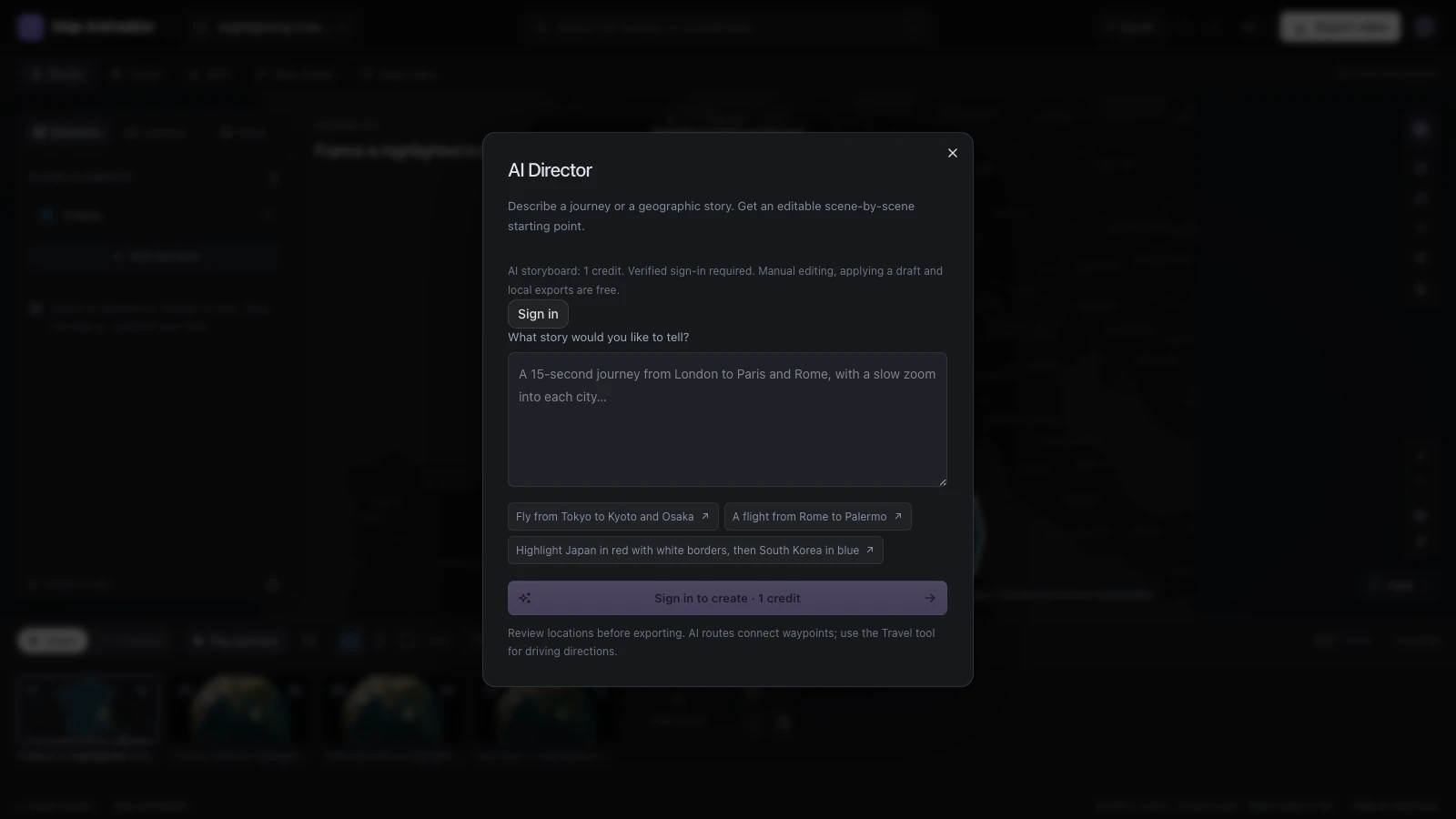 AI Director dialog showing the sign-in requirement and a scene-description field