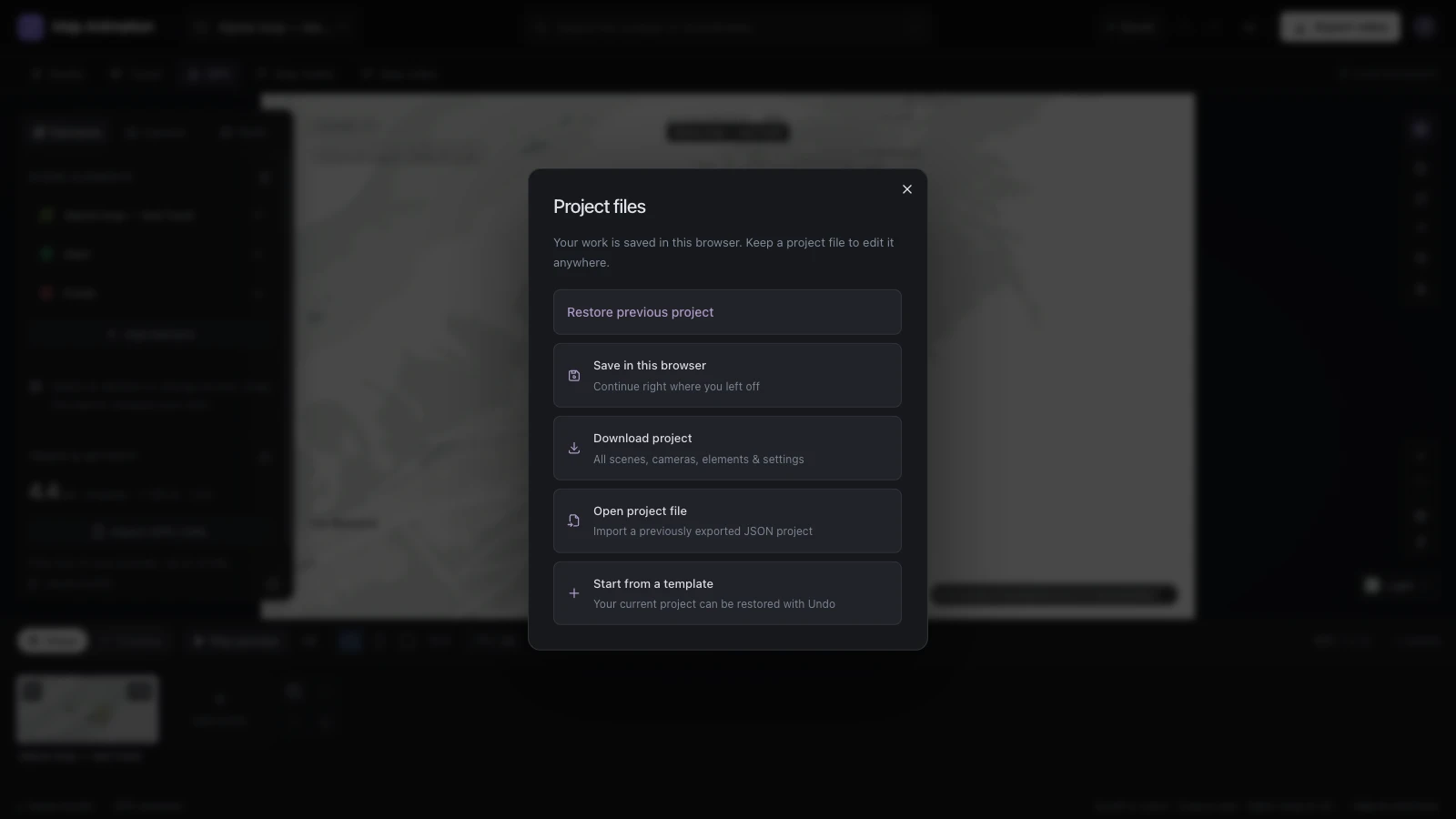 Project dialog with browser save, project download and project import actions