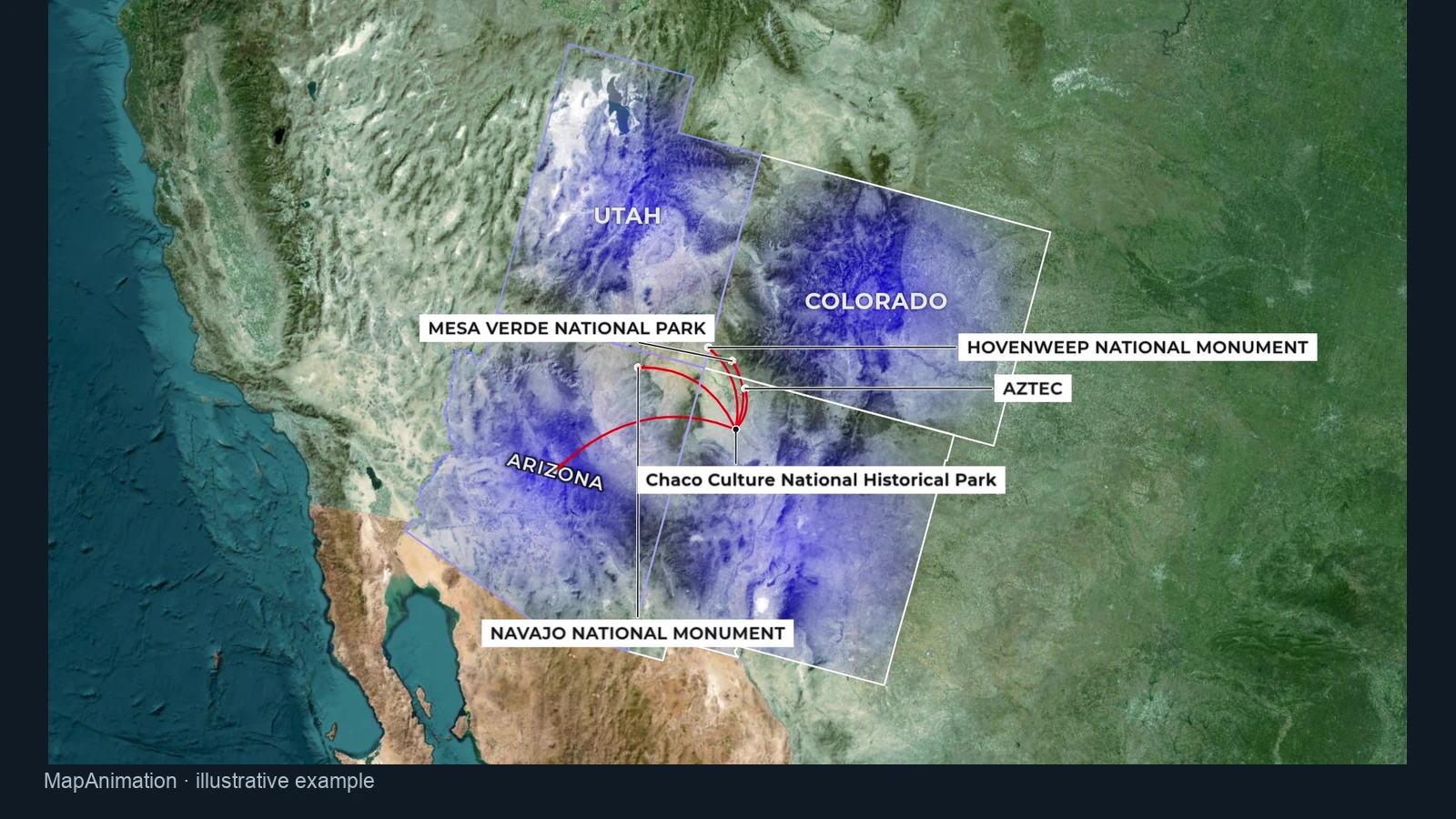 Chaco regional network with labeled places in the southwestern United States