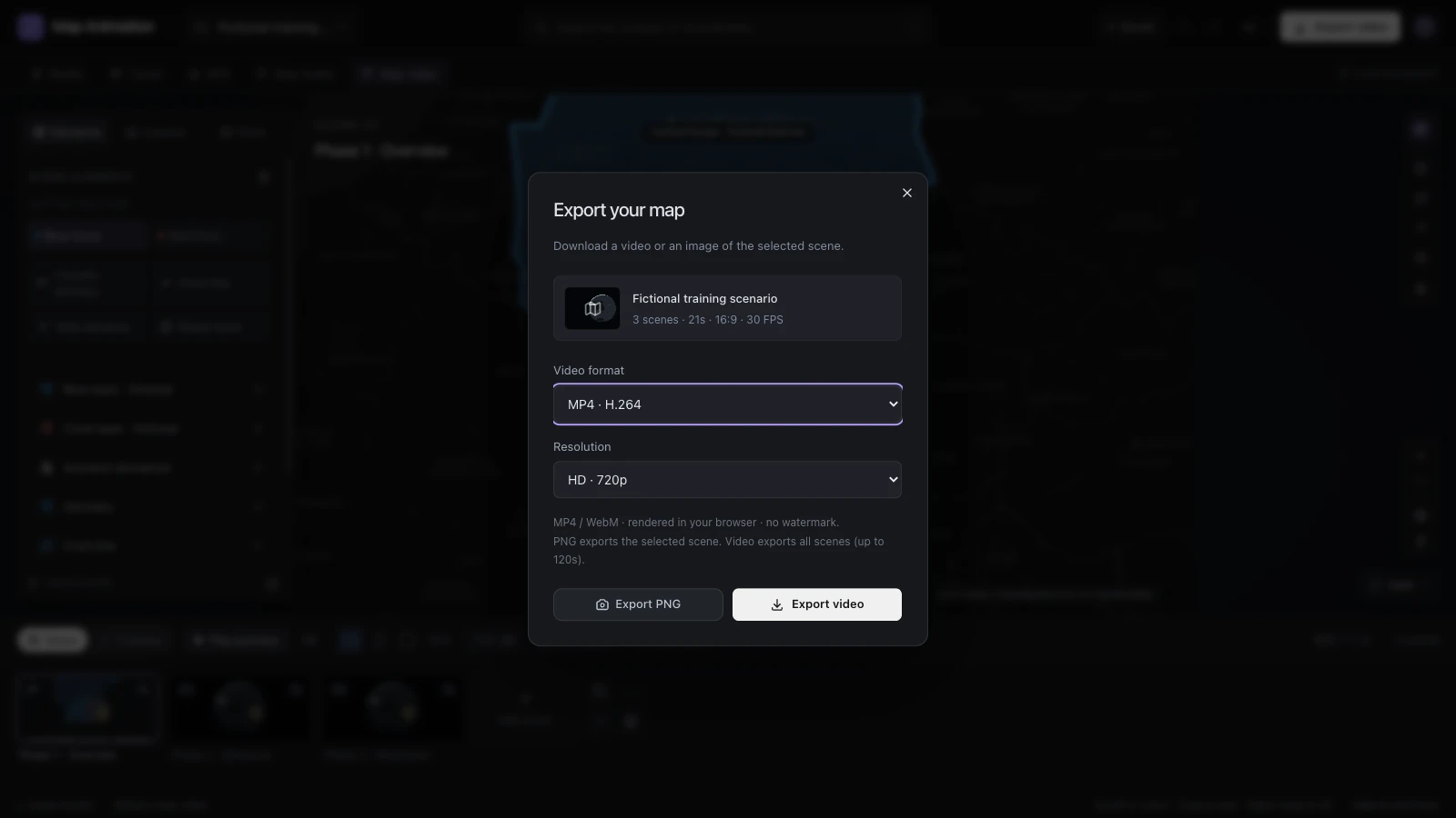 Video export dialog showing format, resolution, frame rate and export action