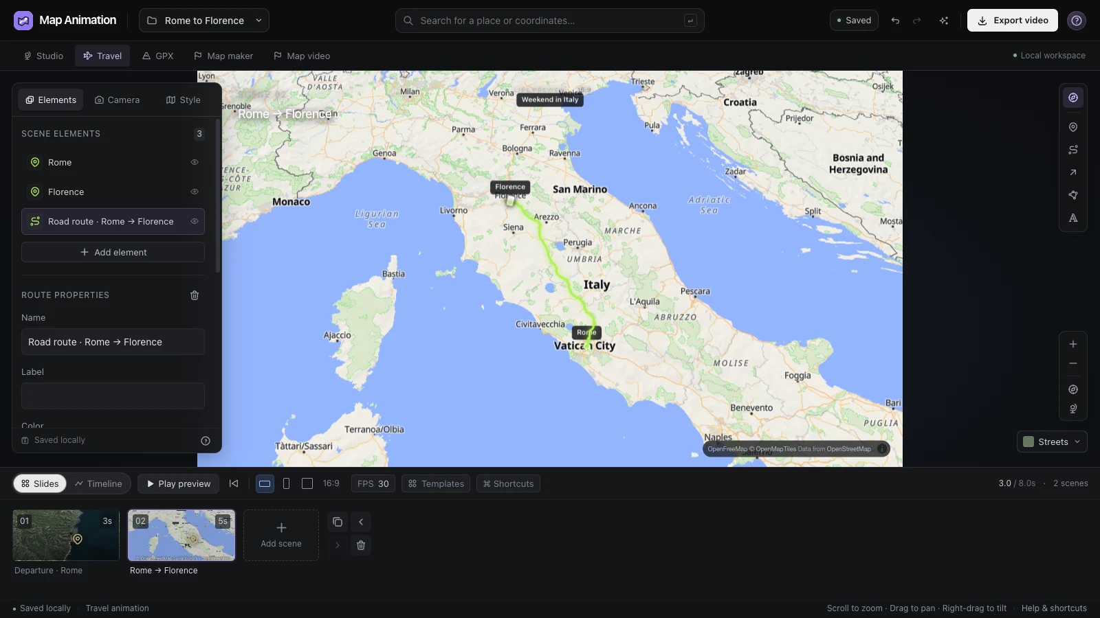 Travel editor with a destination list and a multi-stop European route