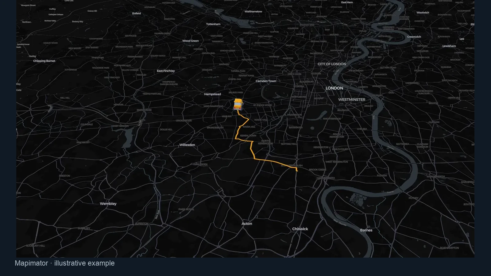 Car marker following an orange route on a dark city map