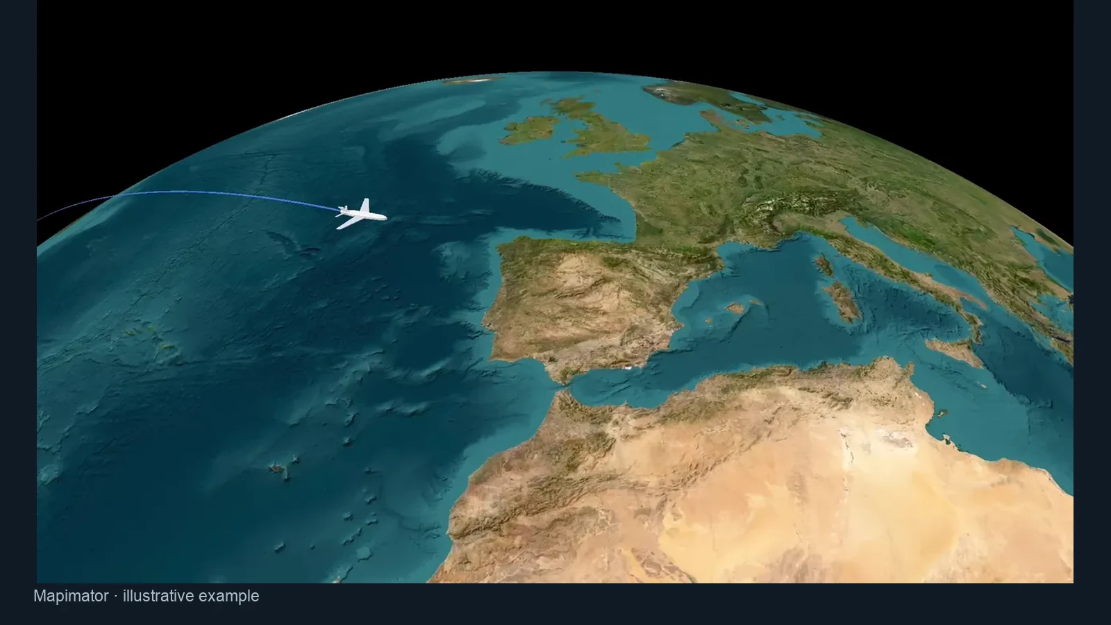 International flight path and airplane marker on a globe