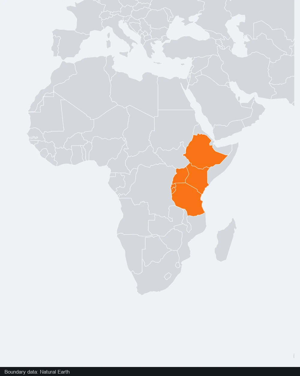 East African country boundaries with six neighboring countries highlighted