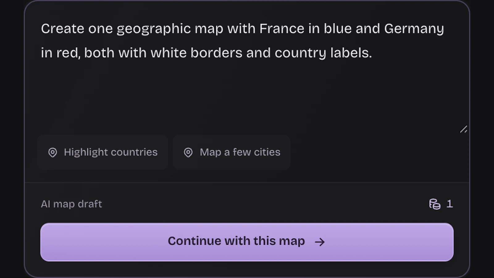 Geographic map prompt composer with a country-highlights example and one-credit draft indicator