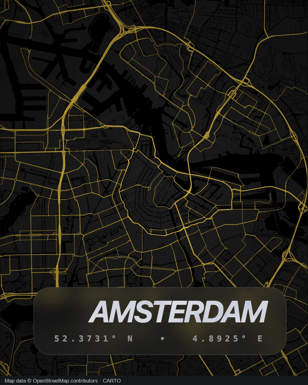 Amsterdam road network and canals in gold with the complete city title
