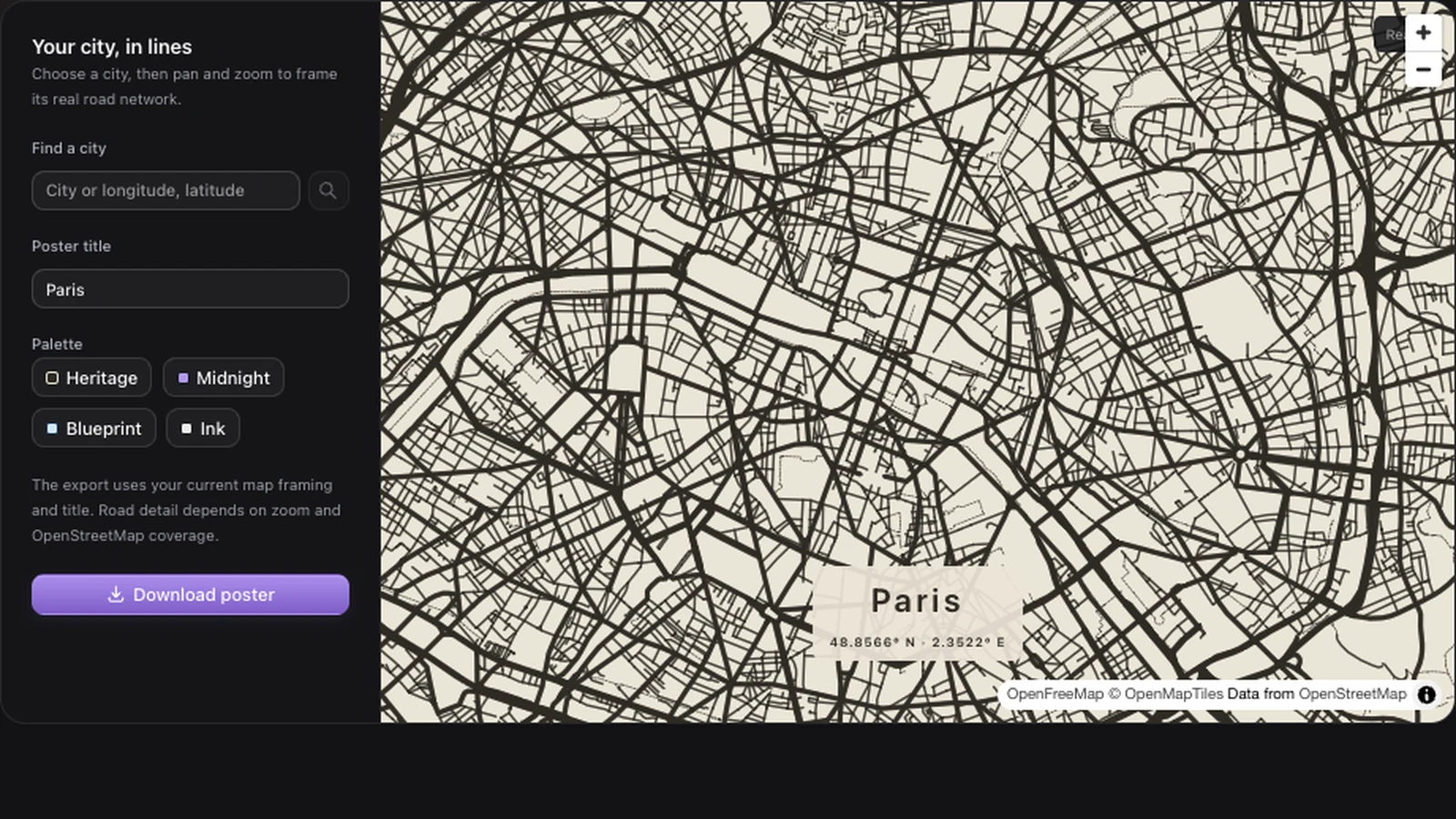 Paris road poster preview beside its palette, title and PNG export controls