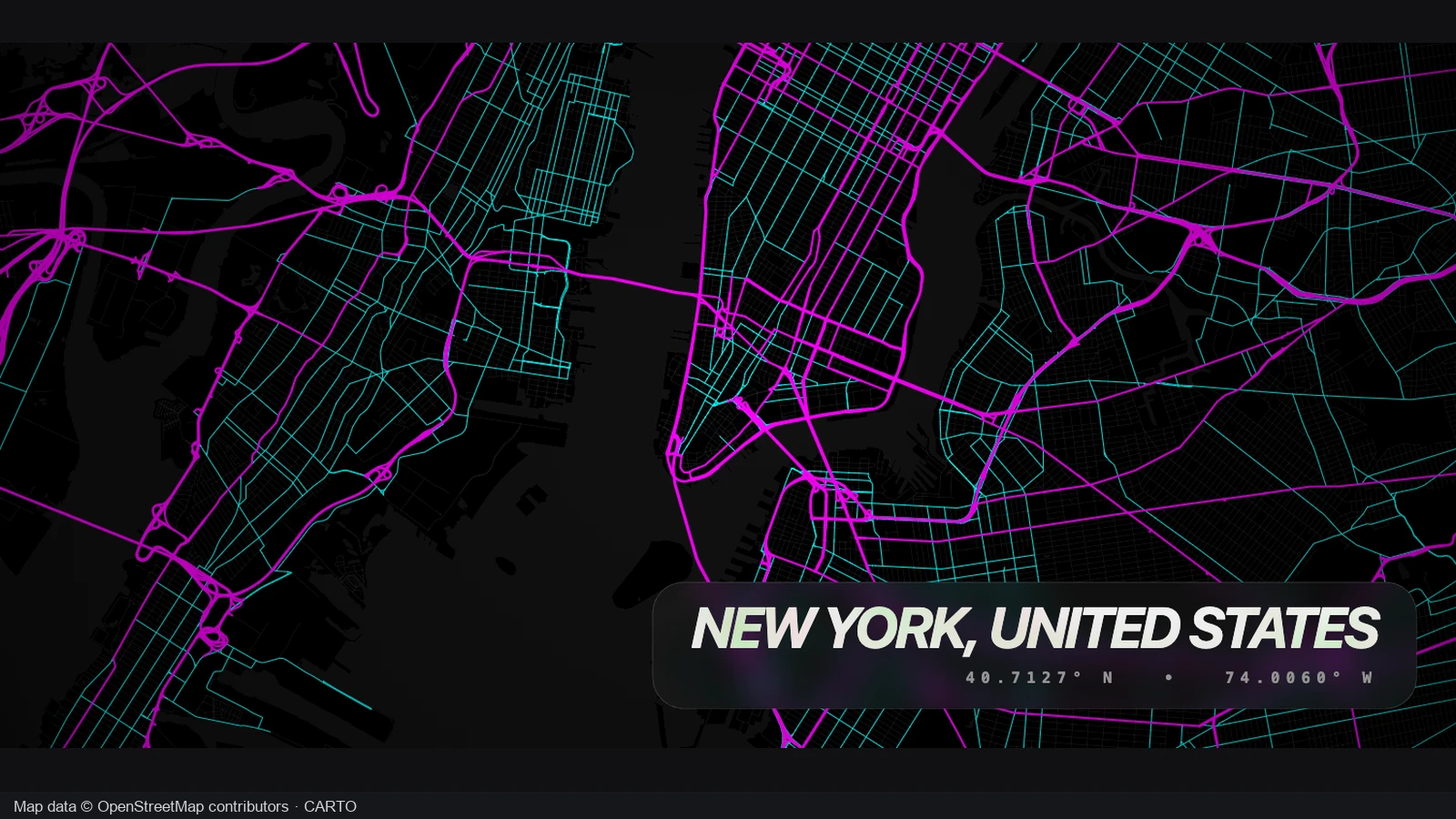 New York street grid in cyan and magenta on a dark background