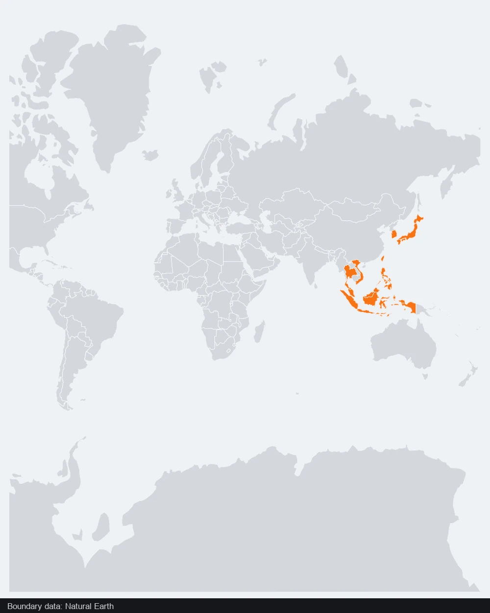 East and Southeast Asian countries highlighted on a portrait map