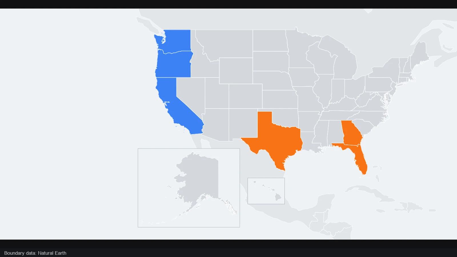 Six US states assigned to two fictional color groups