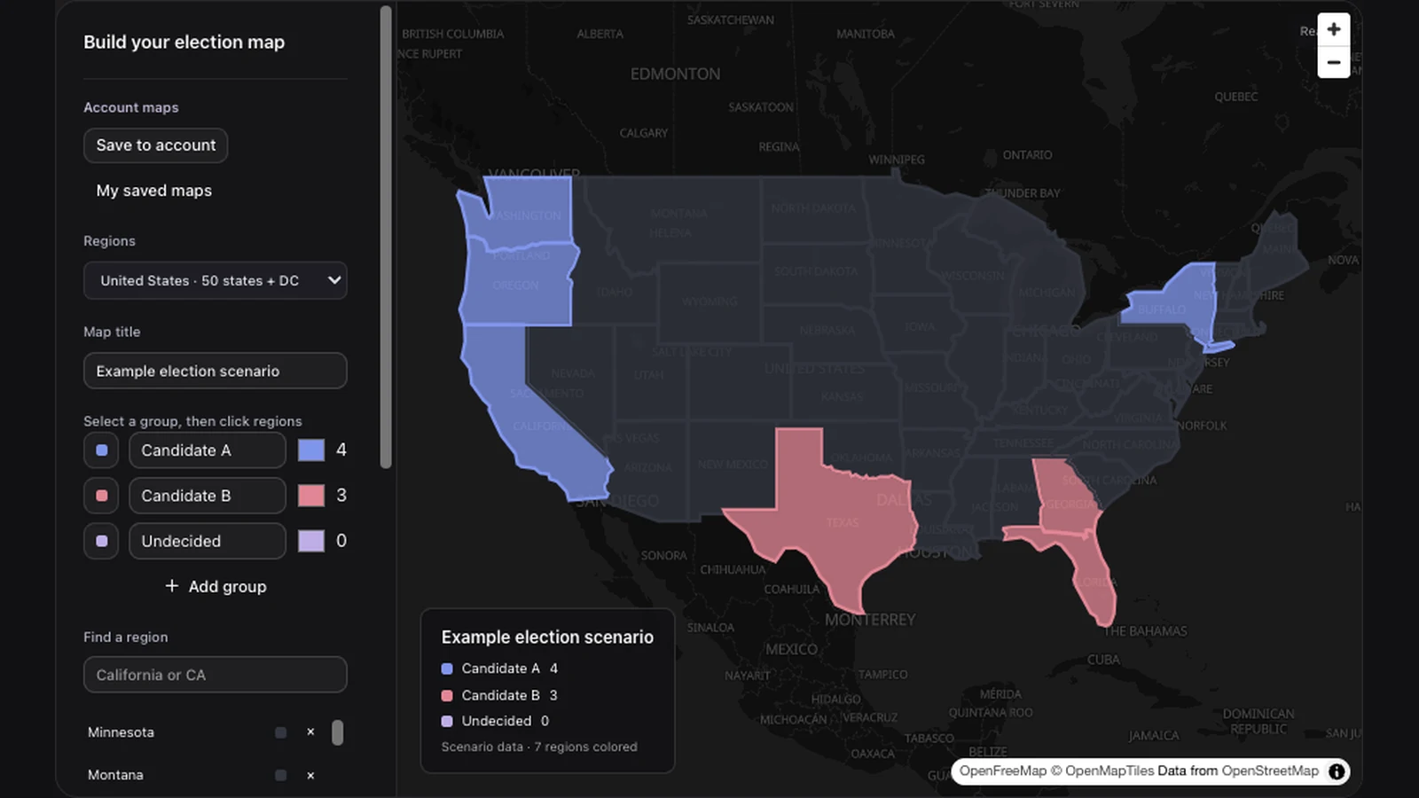 Seven-state US scenario with group names, colors, region controls and legend counts