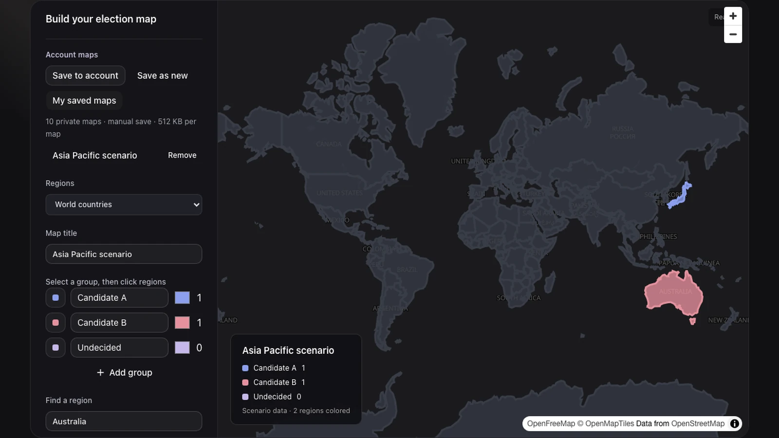 Private saved-map list beside a two-country Asia Pacific scenario