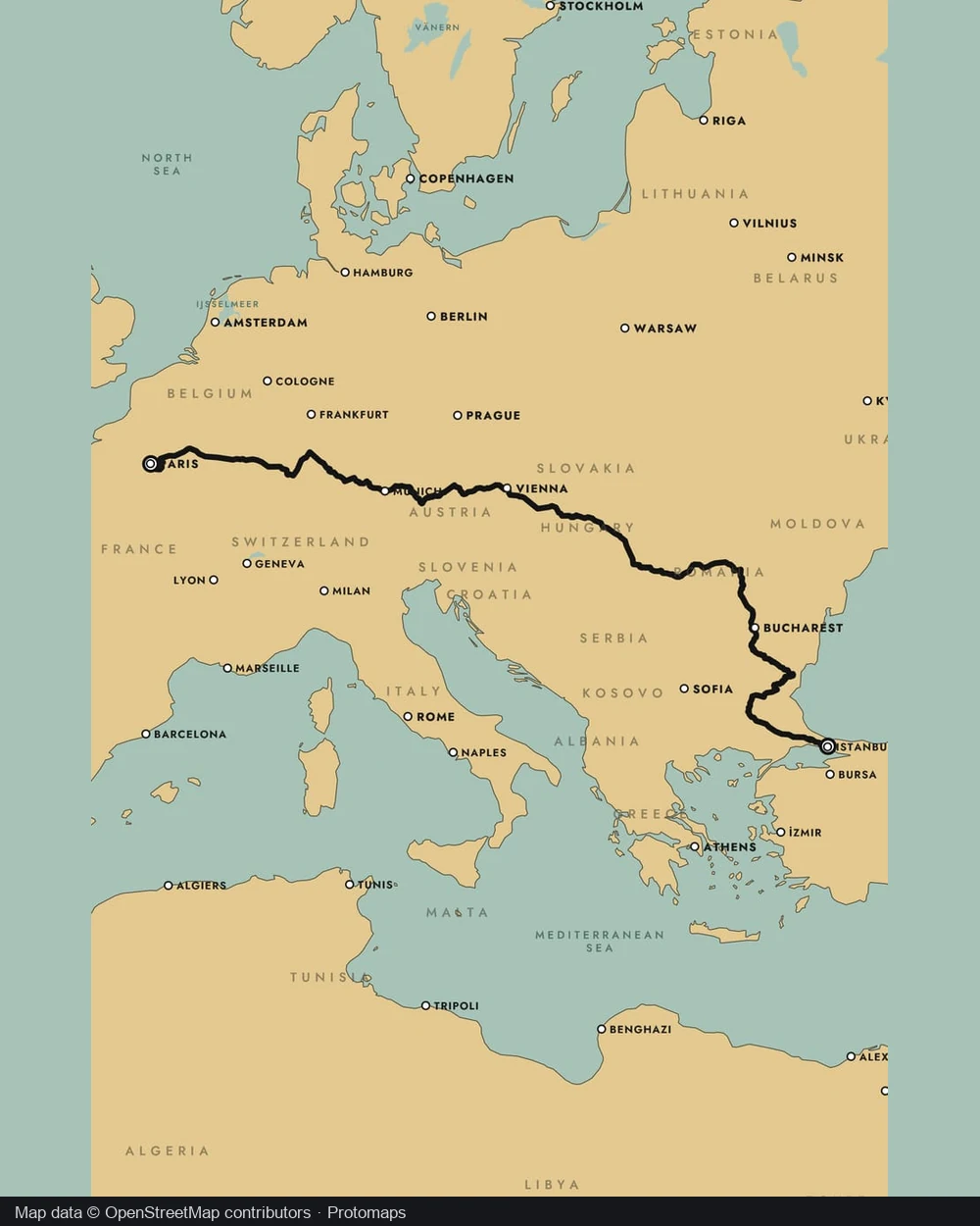 A continuous European railway journey presented on a portrait geographic map