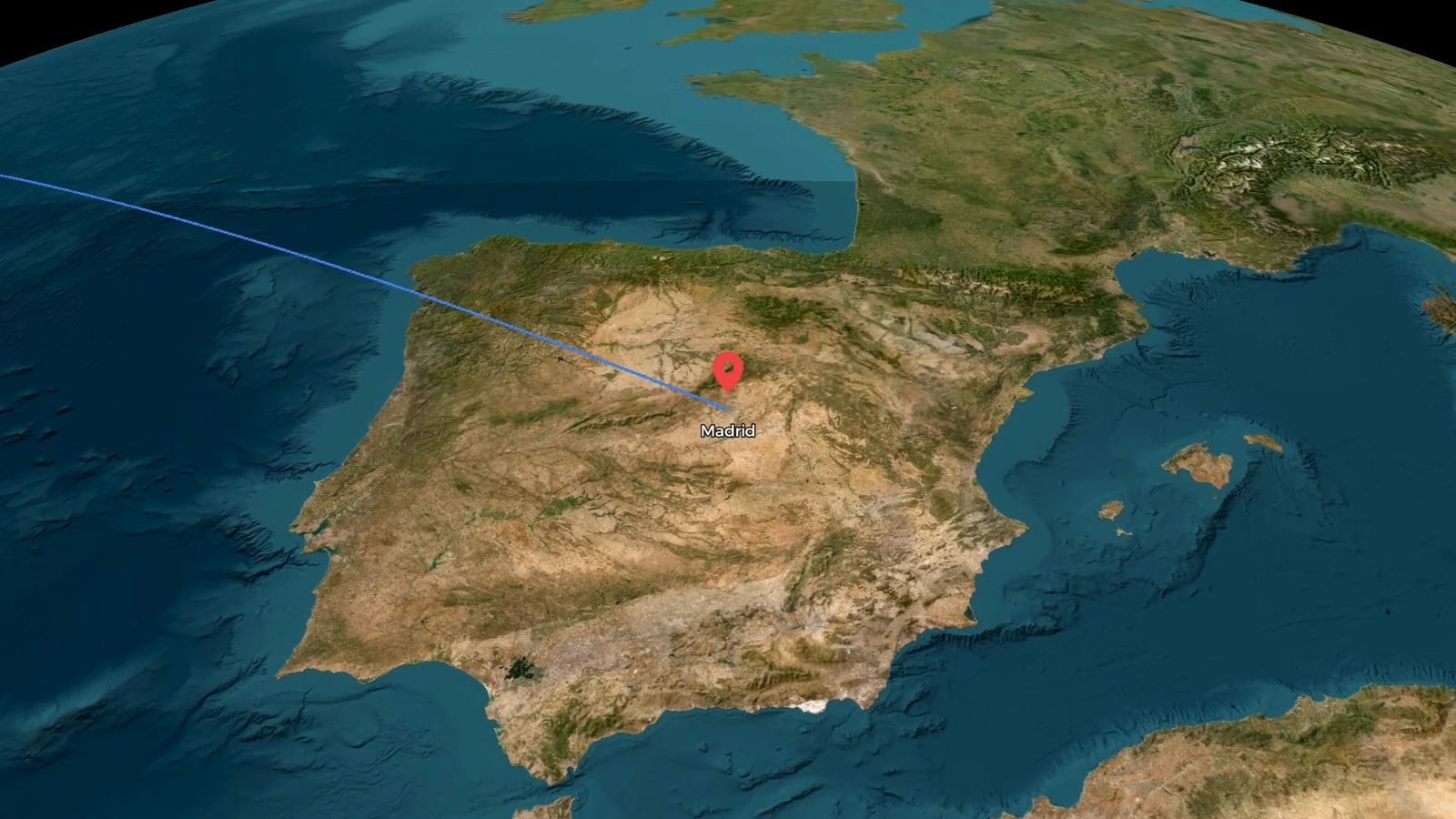 Later frame of the same route-animation example arriving over Madrid