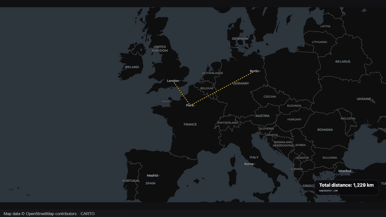 A three-point European path with two segments totaling 1,229 km