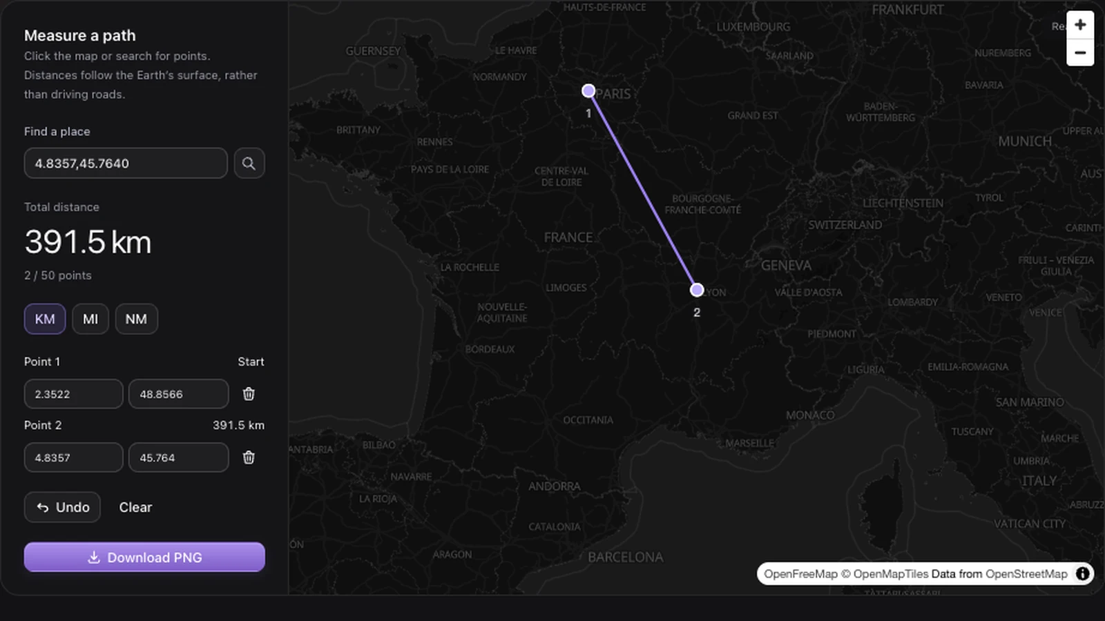 Paris and Lyon coordinates with a 391.5 km total, distance units and PNG export controls