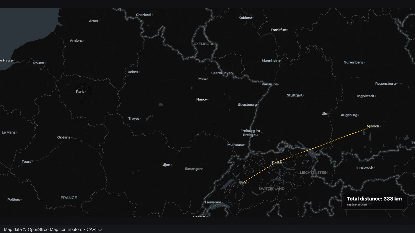 A multi-stop distance measurement across Switzerland and Bavaria