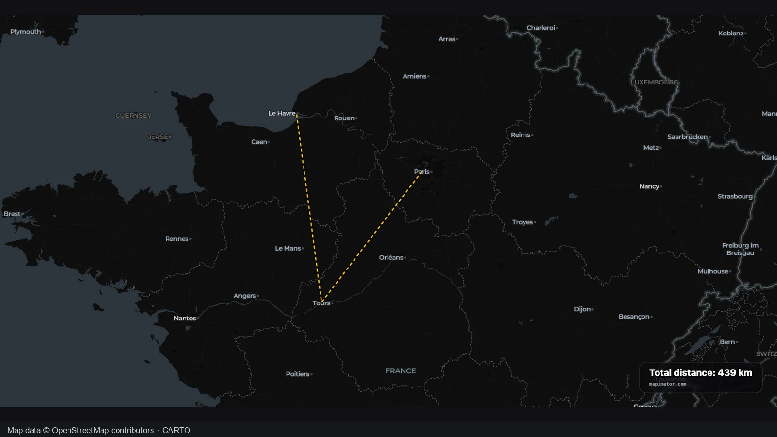 A triangular distance measurement across northern and central France