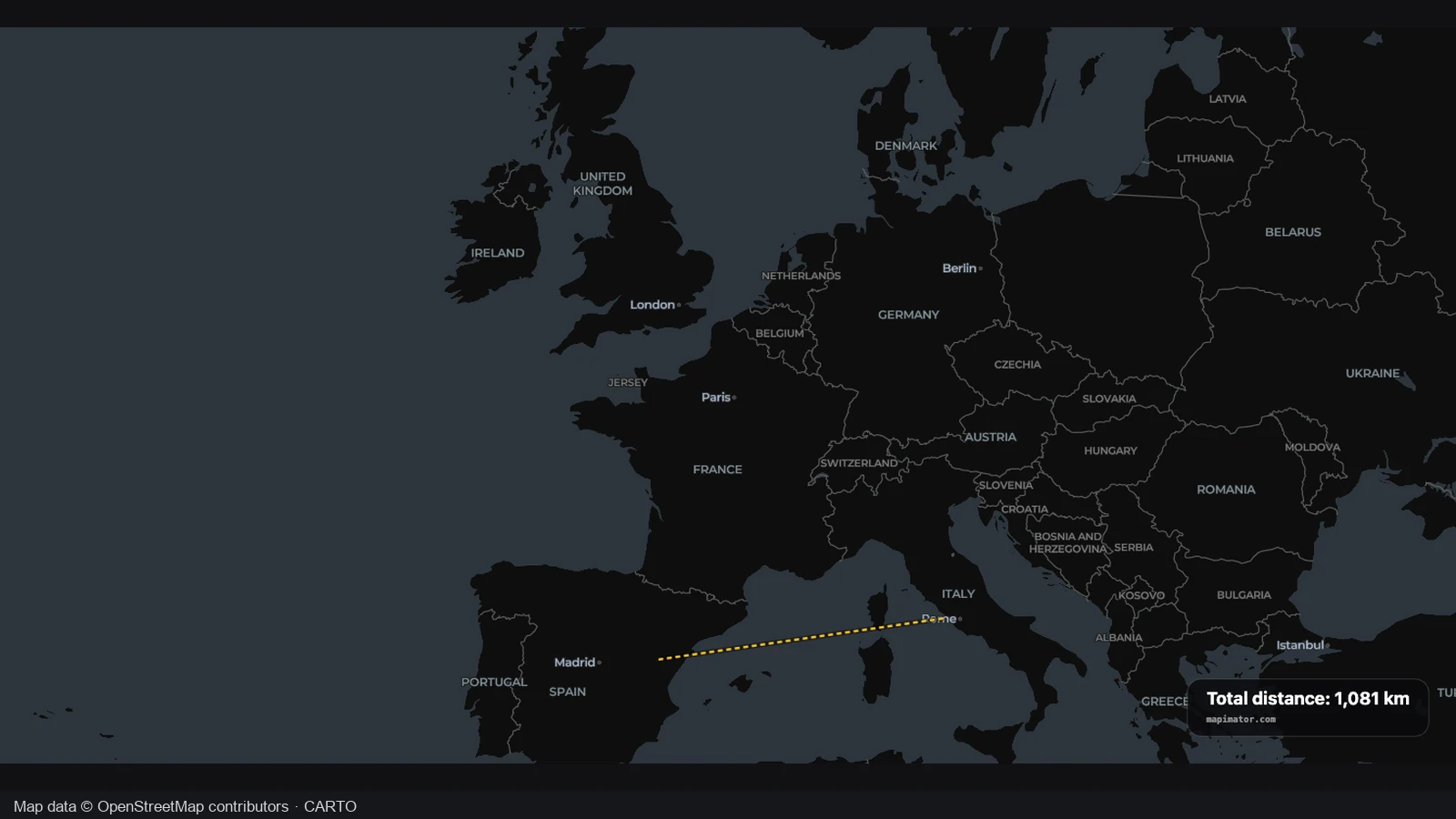 A surface-distance line between Iberia and Italy