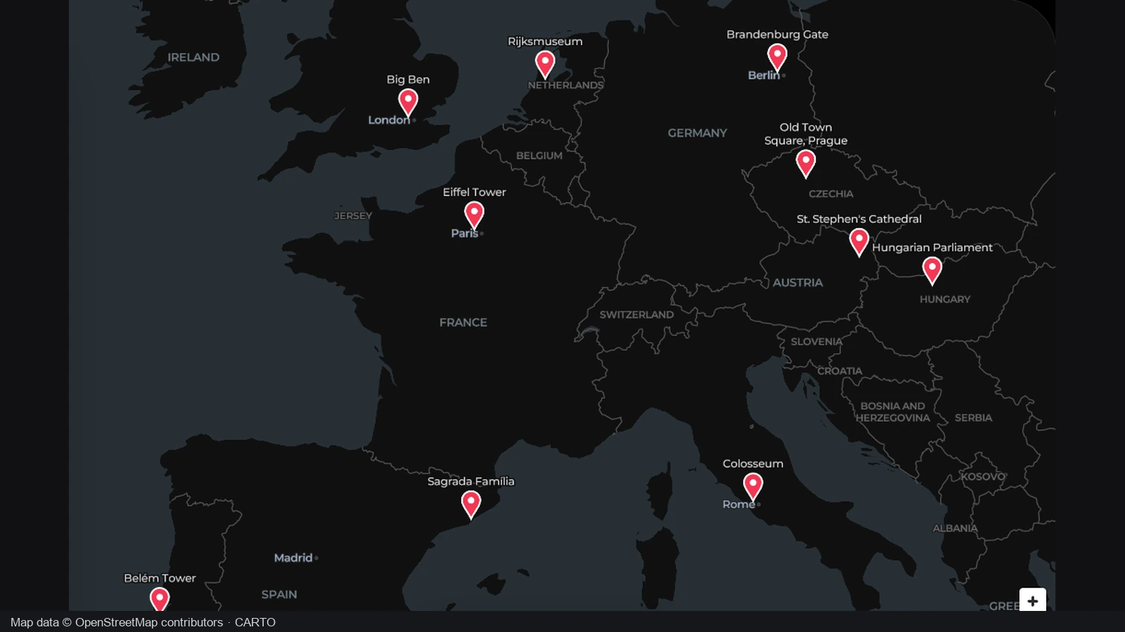 The same European landmark pins with custom place names visible