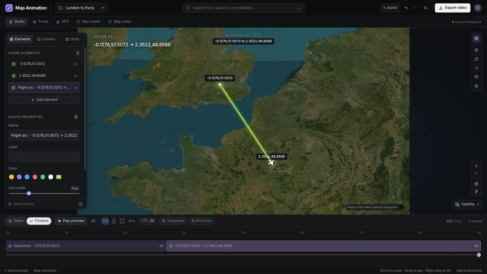 London to Paris route selected in the editor with name, color, line width and moving-icon controls