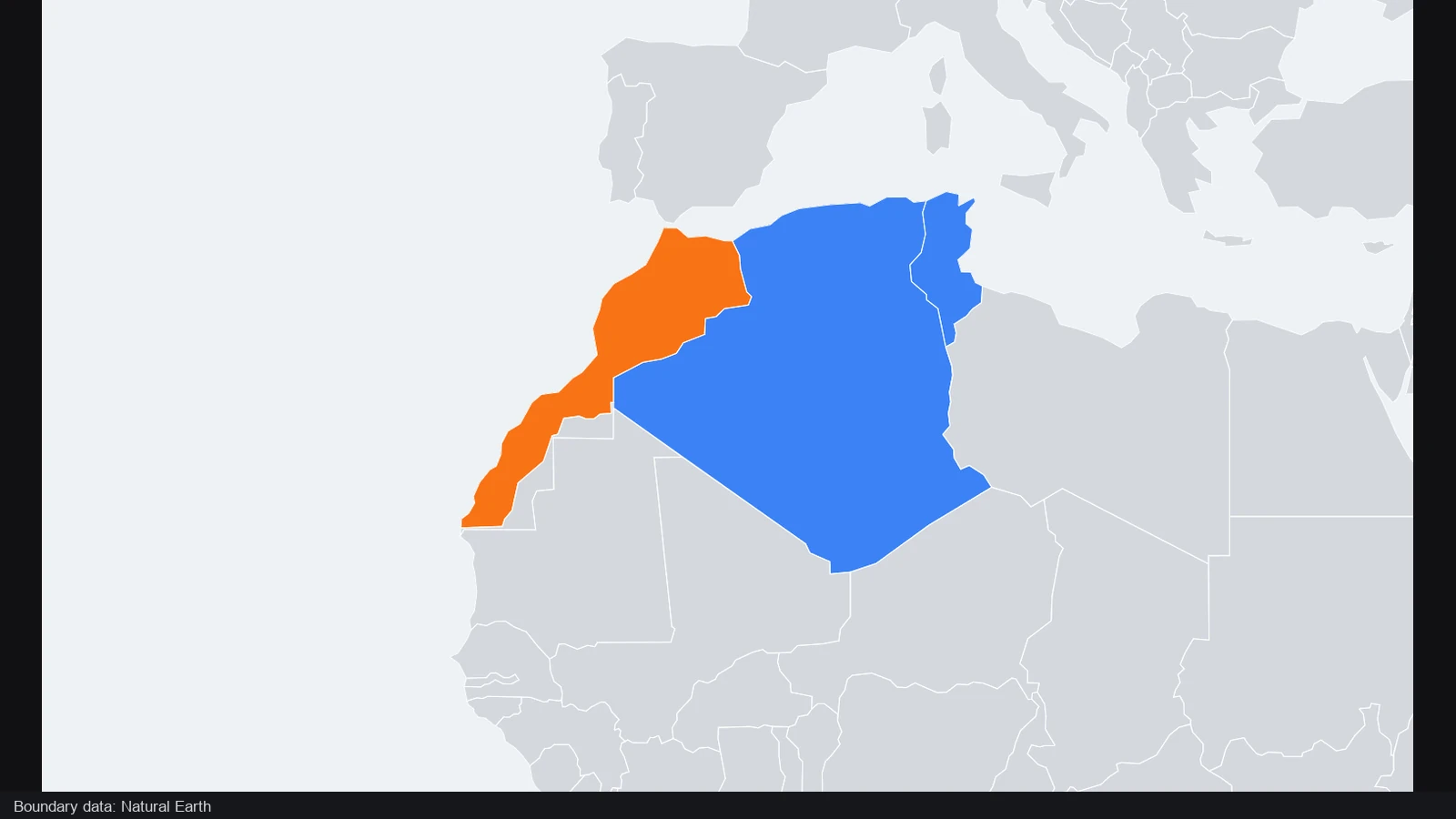 Morocco in orange with Algeria and Tunisia in blue on a centered North African map