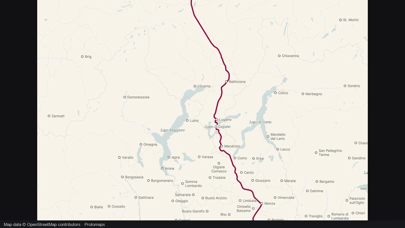 A railway alignment passing the Italian lakes toward Switzerland