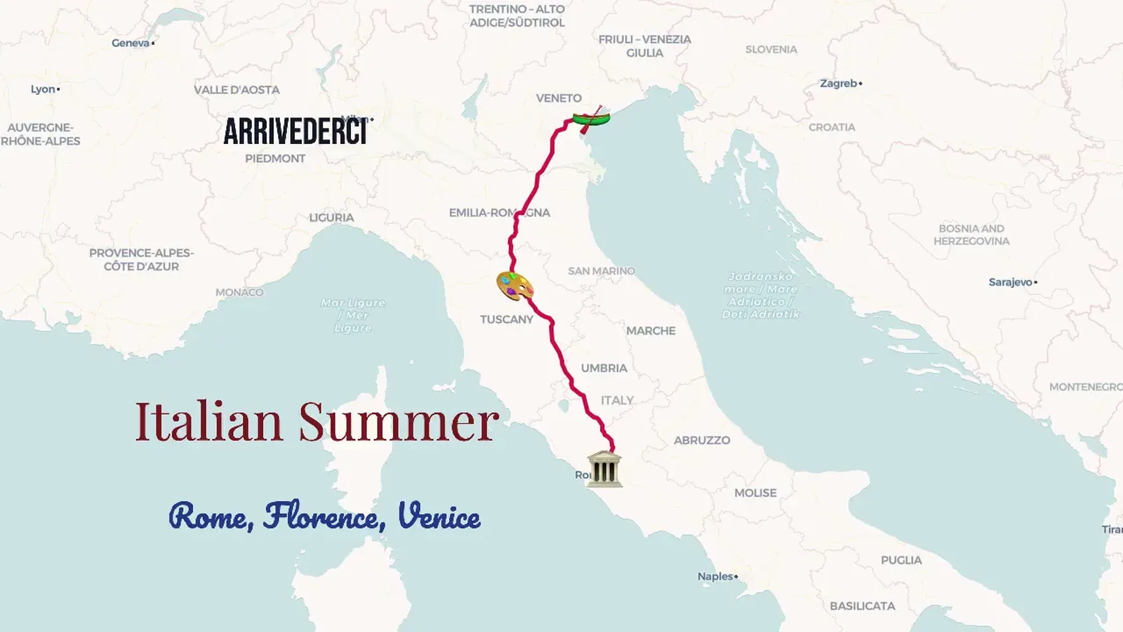 An Italian journey map combining a road route, place pins and text