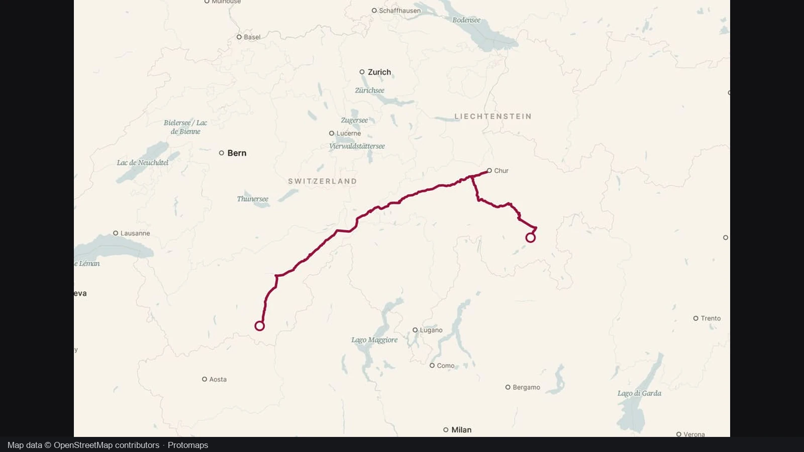 The Glacier Express rail alignment on a light map