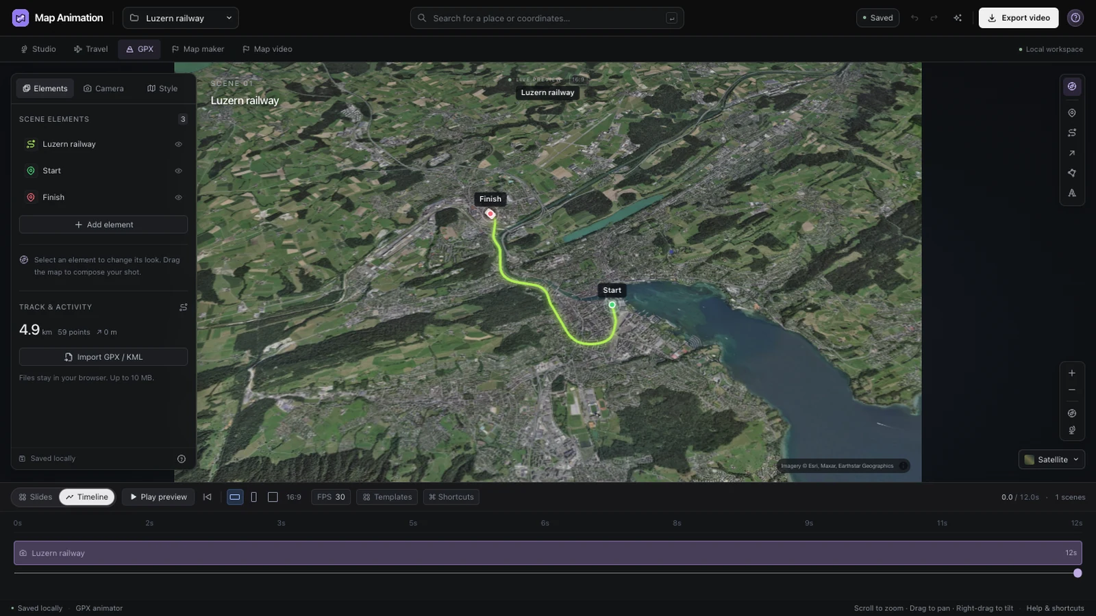 Luzern railway track in Studio with track statistics, scene controls and the preview timeline