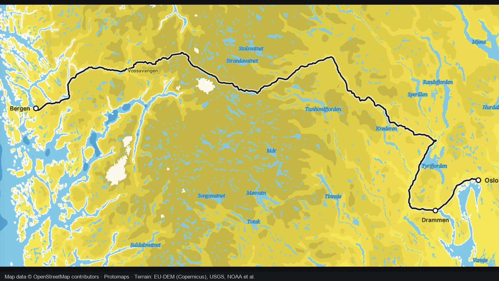 The Bergen railway line curving between Oslo and Bergen