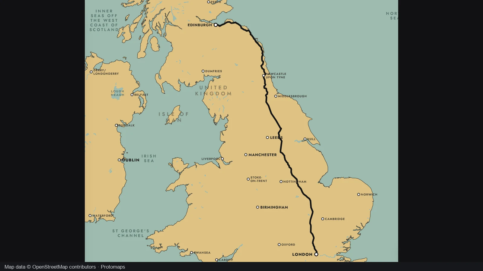 A railway route from London to Edinburgh on a warm geographic map